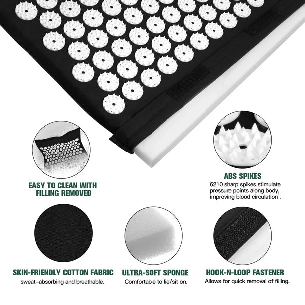 Acupressure Mat met Kussen- 2x Triggerpoint Massageballen en Draagtas - Spijkermat voor Ontspanning en Pijnverlichting - Acupunctuur Massage Set - Lotus Shakti Mat - Zwart & Wit