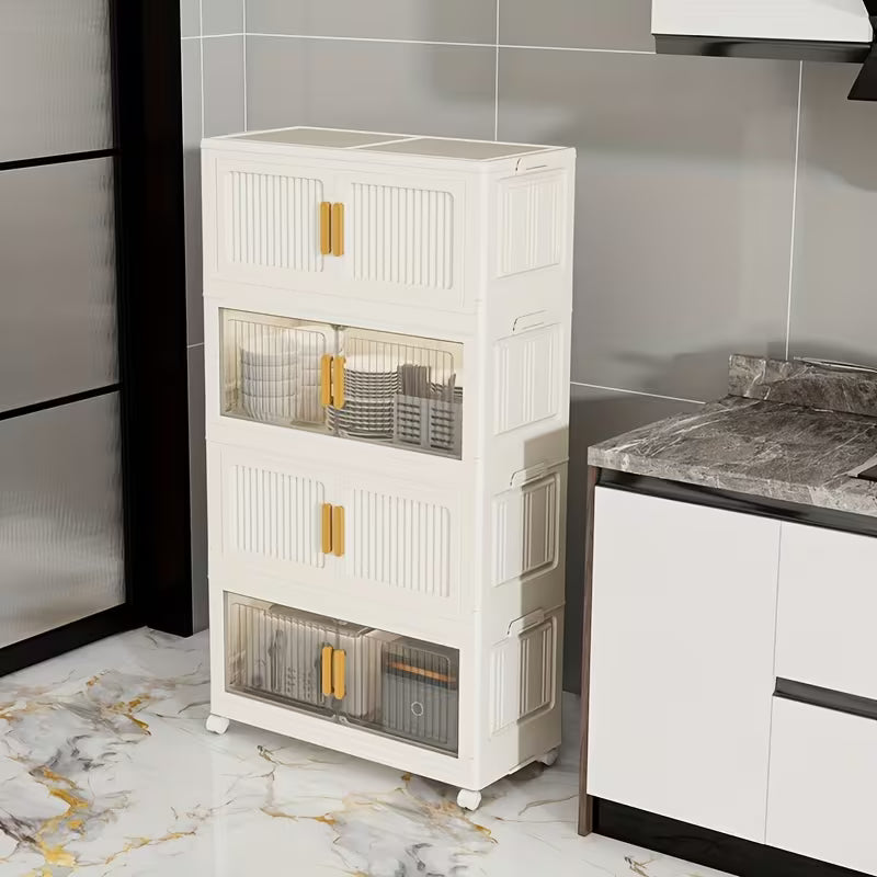 Opvouwbare opbergkast met 5 lagen – 110 cm hoog – verrijdbare plastic kast met dubbele deuren en wielen – 45 x 27 cm – ruimtebesparend opbergsysteem – inklapbare multifunctionele kast – ideaal voor speelgoed, boeken en huishoudartikelen
