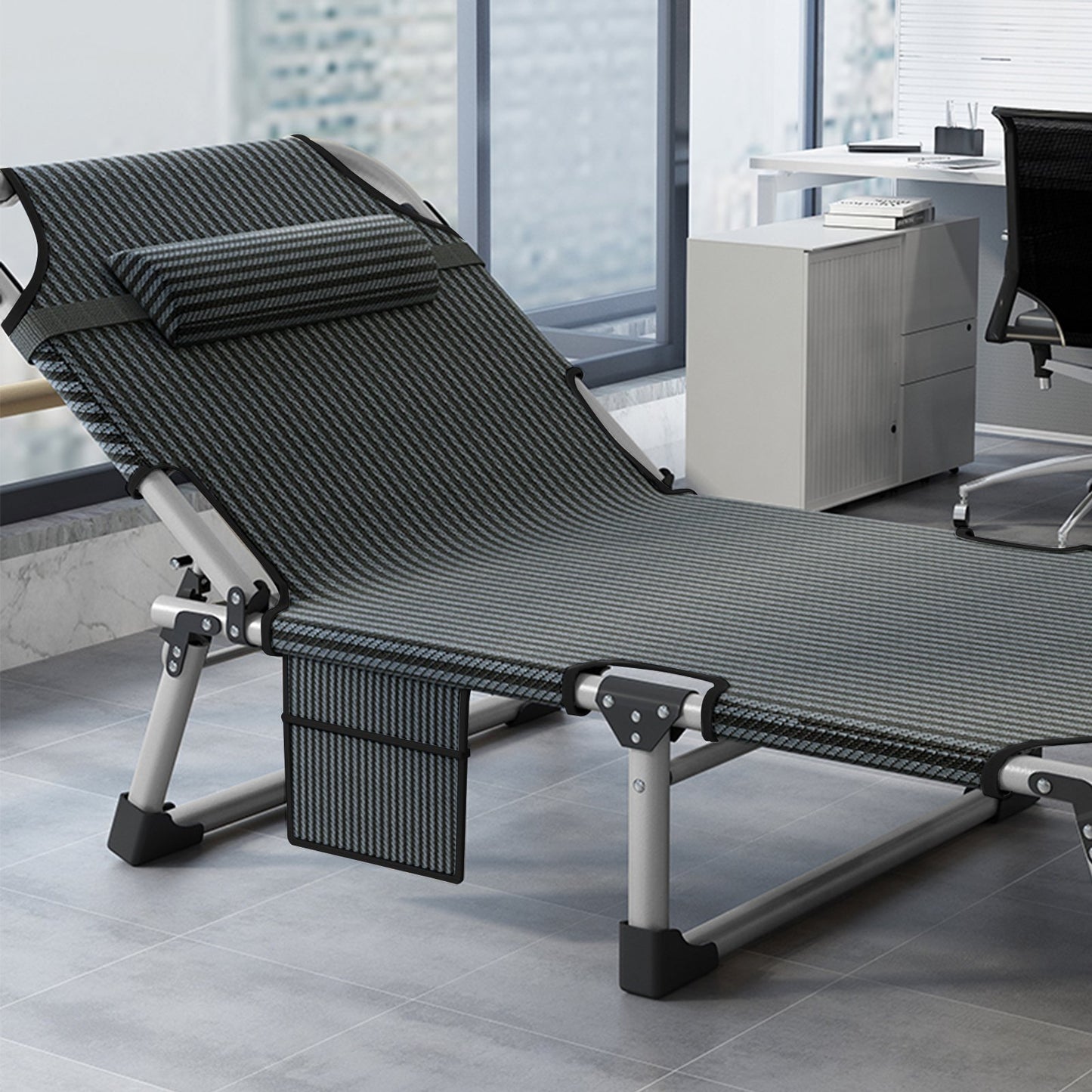 Opvouwbare Ligstoel – Draagbaar Campingbed voor Volwassenen en Kinderen – Sterke Stalen Constructie met Dubbel Laags 1200D Oxford Stof – Comfortabel Strandbed, Reisbed of Logeerbed – Inklapbaar Vouwbed met Hoofdkussen – Groen Gestreept Ontwerp