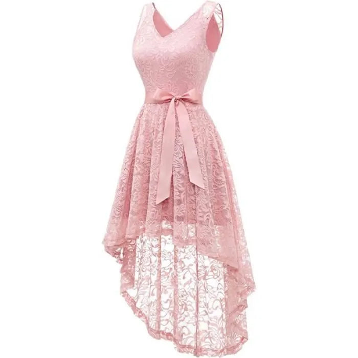 Cocktailjurk – Roze – Kant – Slim Fit Taille – Licht Uitlopende Rok – Hoog Laag Zoom – Verborgen Ritssluiting – Verwijderbare Strikceintuur – Maat M