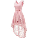 Cocktailjurk – Roze – Kant – Slim Fit Taille – Licht Uitlopende Rok – Hoog Laag Zoom – Verborgen Ritssluiting – Verwijderbare Strikceintuur – Maat M
