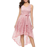 Cocktailjurk – Roze – Kant – Slim Fit Taille – Licht Uitlopende Rok – Hoog Laag Zoom – Verborgen Ritssluiting – Verwijderbare Strikceintuur – Maat M