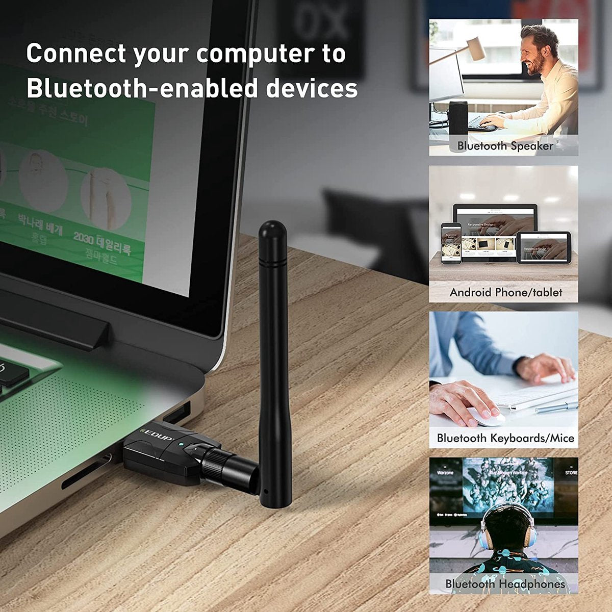 Edup - Long Range Bluetooth Adapter voor PC - Bluetooth 5.0 - Externe Dongle - Bluetooth Antenna - USB - High Gain - Geschikt Voor Desktop & Laptop - Compatibel met Windows. - Zwart