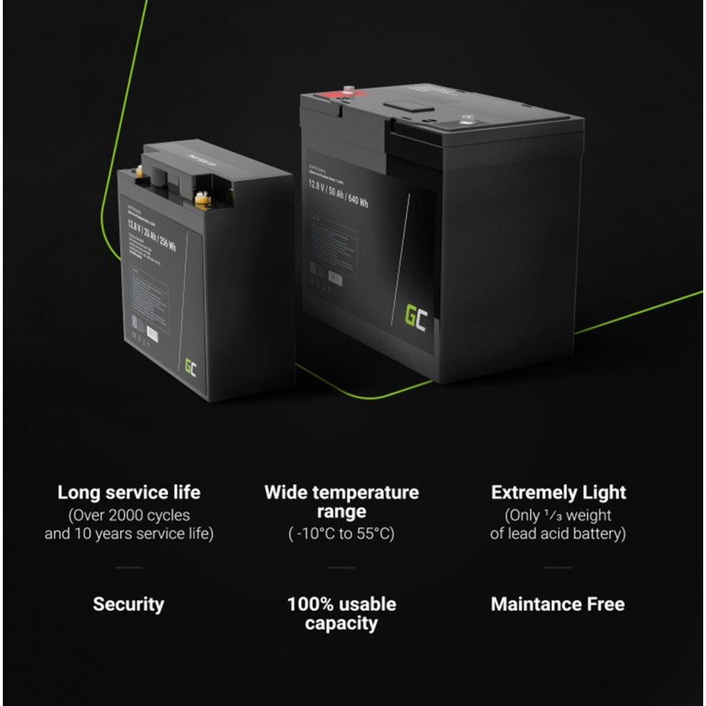 Green Cell LiFePO4 accu 50Ah – 12.8V 640Wh lithium ijzerfosfaat batterij – deep cycle camper accu – PV systeem batterij – boot accu – onderhoudsvrije energie opslag – BMS beveiliging – lange levensduur 3000+ cycli