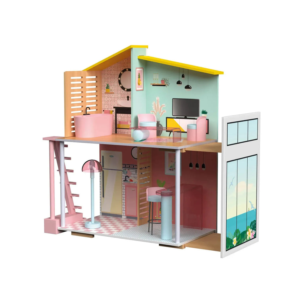 Groot Poppenhuis Voor Fashion Dolls - Houten Poppenhuis Met 3 Verdiepingen - Speelhuis Voor Modepoppen - Inclusief Meubels - Geschikt Voor Poppen Tot 30 cm - Met Trappen en Balkon - Afmetingen 60 x 30 x 90 cm