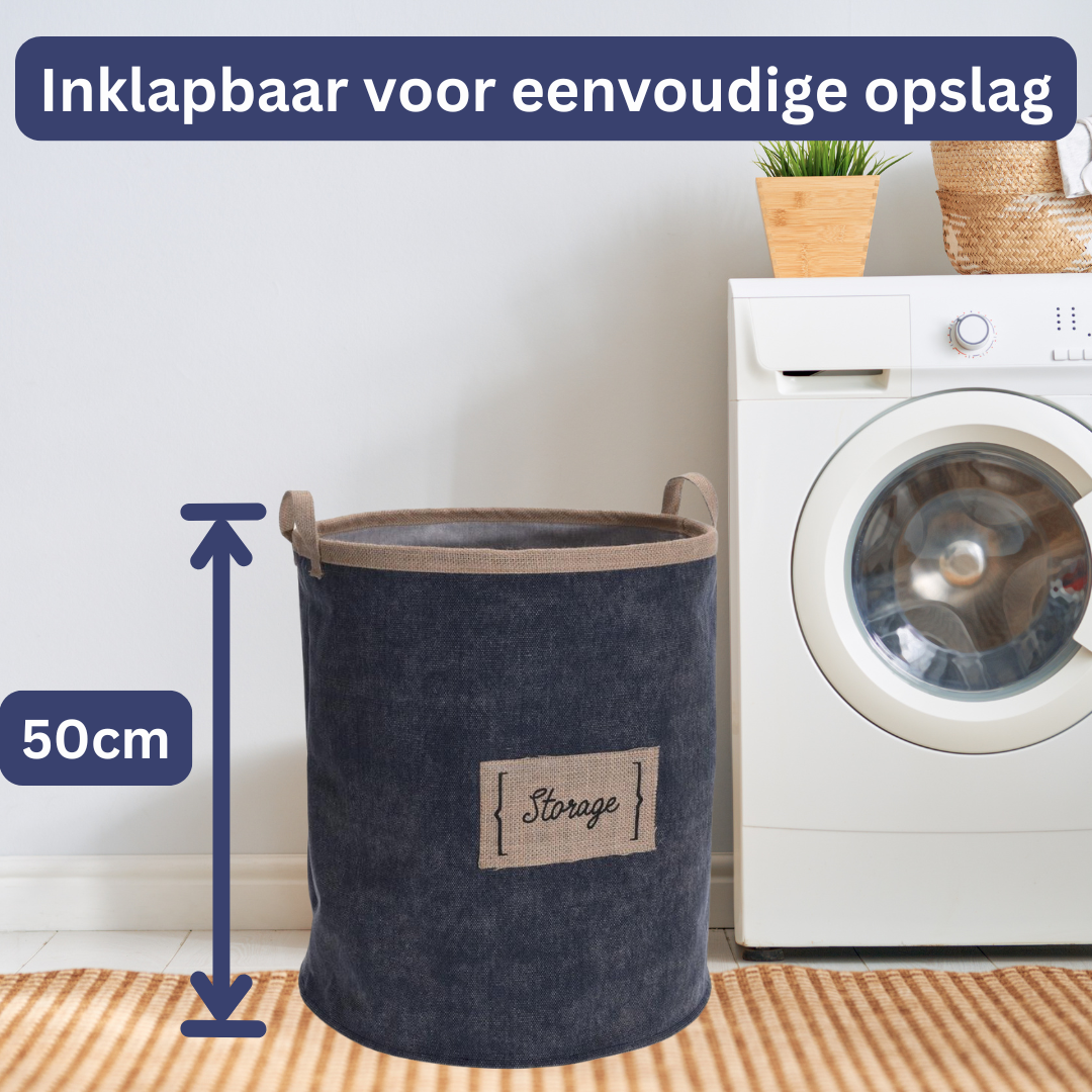 Denim Stijl Waszak - 50 cm - Ruime en Stevige Opbergzak - Inklapbaar - Milieuvriendelijke Wasmand van Jute - Voor Vuile Was, Speelgoed, Dekens of Kledingopslag - Lichtgewicht en Duurzaam
