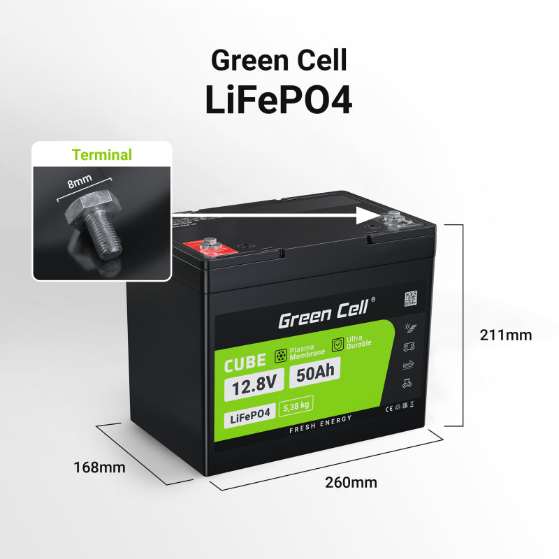 Green Cell LiFePO4 accu 50Ah – 12.8V 640Wh lithium ijzerfosfaat batterij – deep cycle camper accu – PV systeem batterij – boot accu – onderhoudsvrije energie opslag – BMS beveiliging – lange levensduur 3000+ cycli
