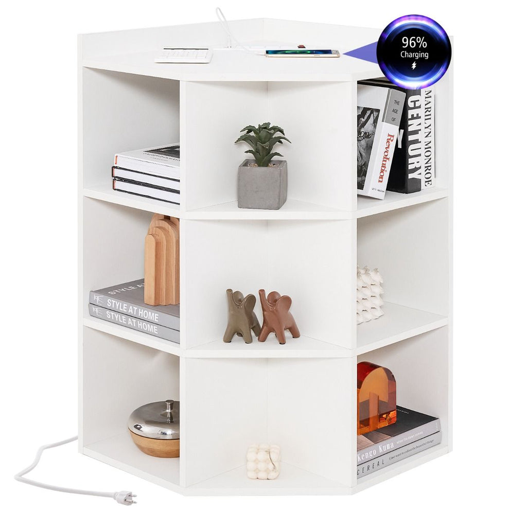 Hoekkast met Oplaadstation - 3 Niveaus - Open Houten Hoekplank - Plank met 9 Vakken - 4 Stopcontacten en 2 USB-Poorten - 51x71,5x86 cm - Ruimtebesparend - Geschikt voor Boeken, Speelgoed en Displays