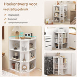 Hoekkast met Oplaadstation - 3 Niveaus - Open Houten Hoekplank - Plank met 9 Vakken - 4 Stopcontacten en 2 USB-Poorten - 51x71,5x86 cm - Ruimtebesparend - Geschikt voor Boeken, Speelgoed en Displays