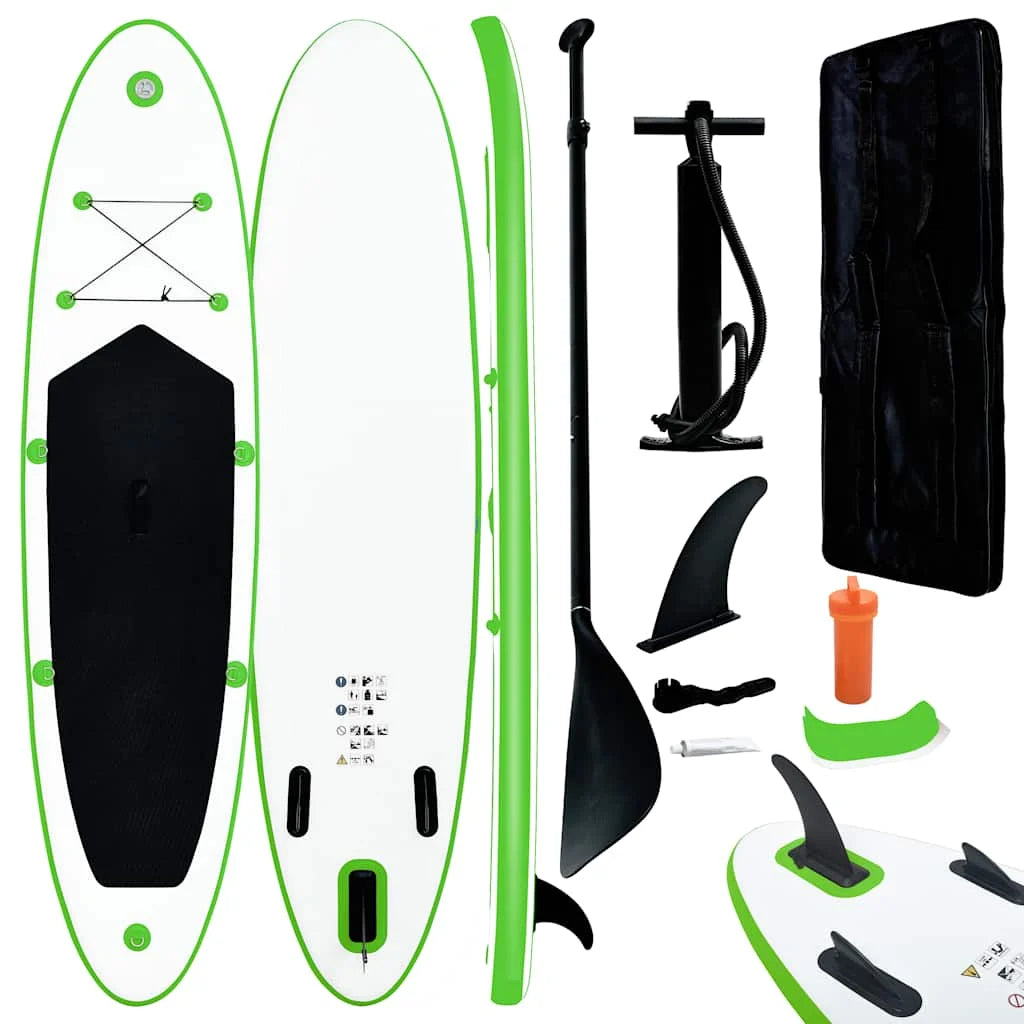 Complete Stand-Up Paddleboard Set - Groen en Wit - Compleet met Accessoires - Opblaasbaar - Lichtgewicht en Duurzaam - Geschikt Voor Beginners en Gevorderden - Ideaal Voor Meren, Rivieren en Zee