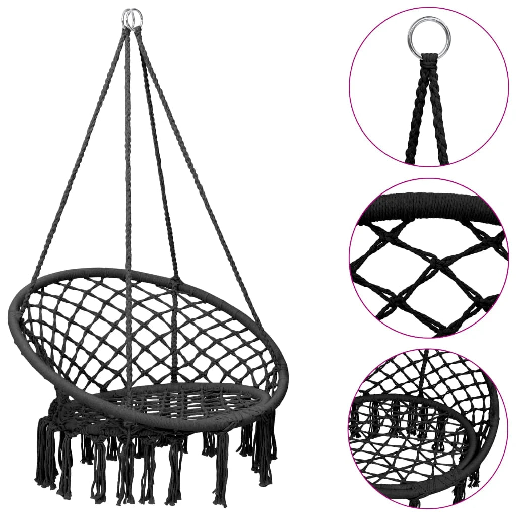 Hangstoel voor Volwassenen – Verstelbare Boomschommel met Stalen Frame, Katoenen Zitting en Kwastjes – 80 × 120 cm, Antraciet – Comfortabele Loungestoel voor Tuin of Terras (Max. 100 kg)