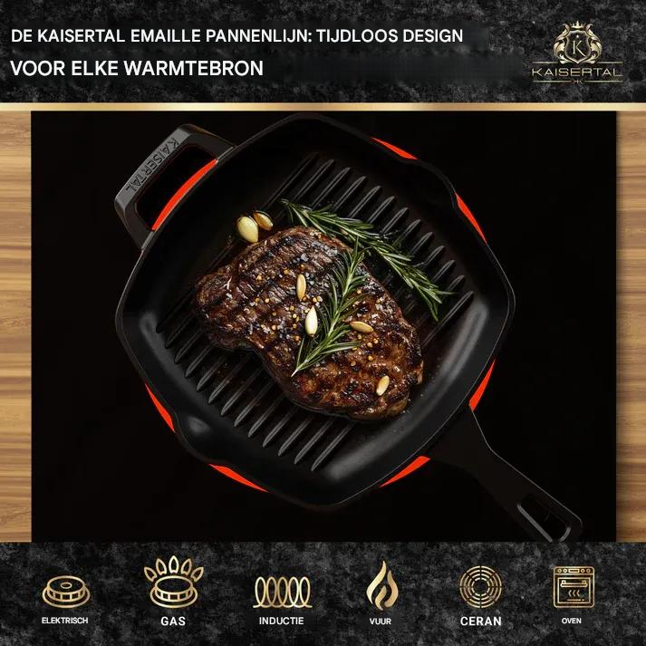 KAISERTAL Gietijzeren Grillpan 27 cm - Grillpfanne met Geribbelde Bodem en Lange Handgreep - Ingebrande Cast Iron Pan voor Inductie Gas Oven en BBQ - Steakpan Braadpan Koekenpan Inclusief Receptenboek