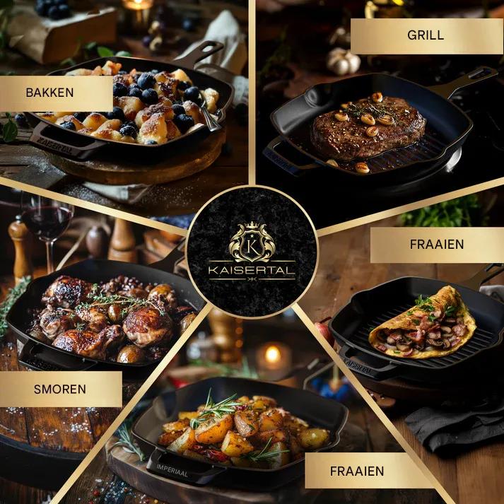 KAISERTAL Gietijzeren Grillpan 27 cm - Grillpfanne met Geribbelde Bodem en Lange Handgreep - Ingebrande Cast Iron Pan voor Inductie Gas Oven en BBQ - Steakpan Braadpan Koekenpan Inclusief Receptenboek