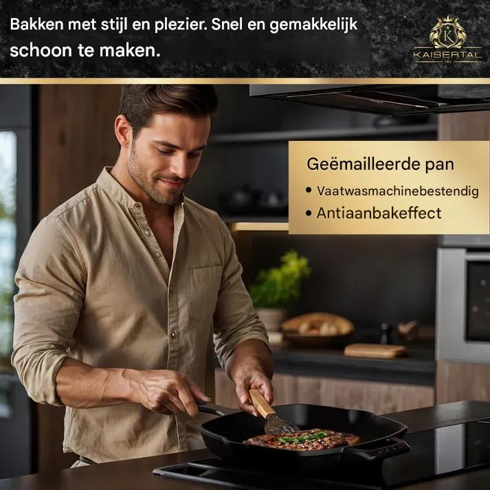 KAISERTAL Gietijzeren Grillpan 27 cm - Grillpfanne met Geribbelde Bodem en Lange Handgreep - Ingebrande Cast Iron Pan voor Inductie Gas Oven en BBQ - Steakpan Braadpan Koekenpan Inclusief Receptenboek