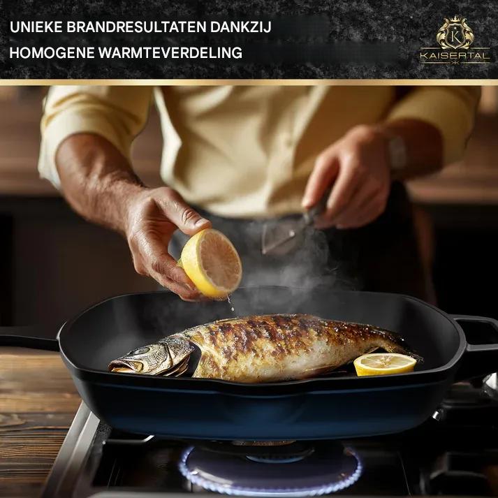 KAISERTAL Gietijzeren Grillpan 27 cm - Grillpfanne met Geribbelde Bodem en Lange Handgreep - Ingebrande Cast Iron Pan voor Inductie Gas Oven en BBQ - Steakpan Braadpan Koekenpan Inclusief Receptenboek