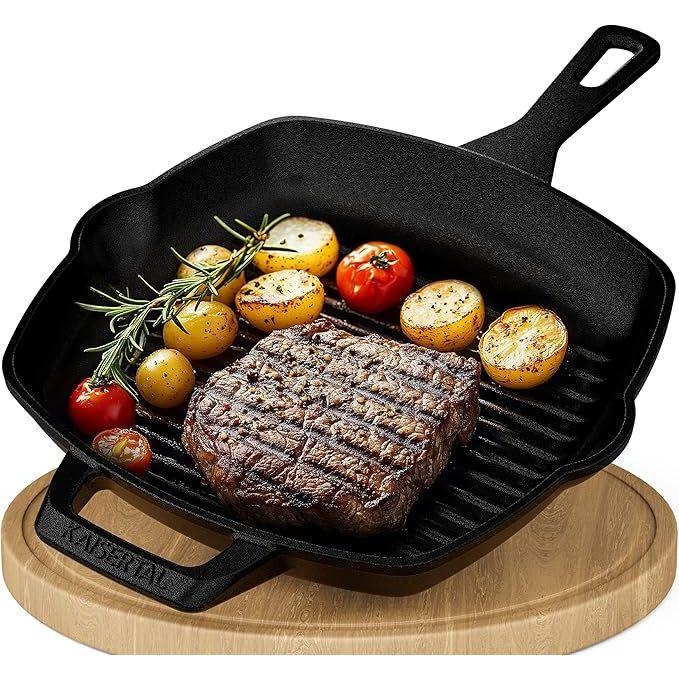 KAISERTAL Gietijzeren Grillpan 27 cm - Grillpfanne met Geribbelde Bodem en Lange Handgreep - Ingebrande Cast Iron Pan voor Inductie Gas Oven en BBQ - Steakpan Braadpan Koekenpan Inclusief Receptenboek