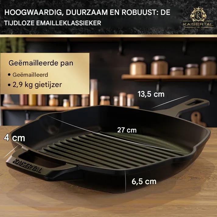 KAISERTAL Gietijzeren Grillpan 27 cm - Grillpfanne met Geribbelde Bodem en Lange Handgreep - Ingebrande Cast Iron Pan voor Inductie Gas Oven en BBQ - Steakpan Braadpan Koekenpan Inclusief Receptenboek