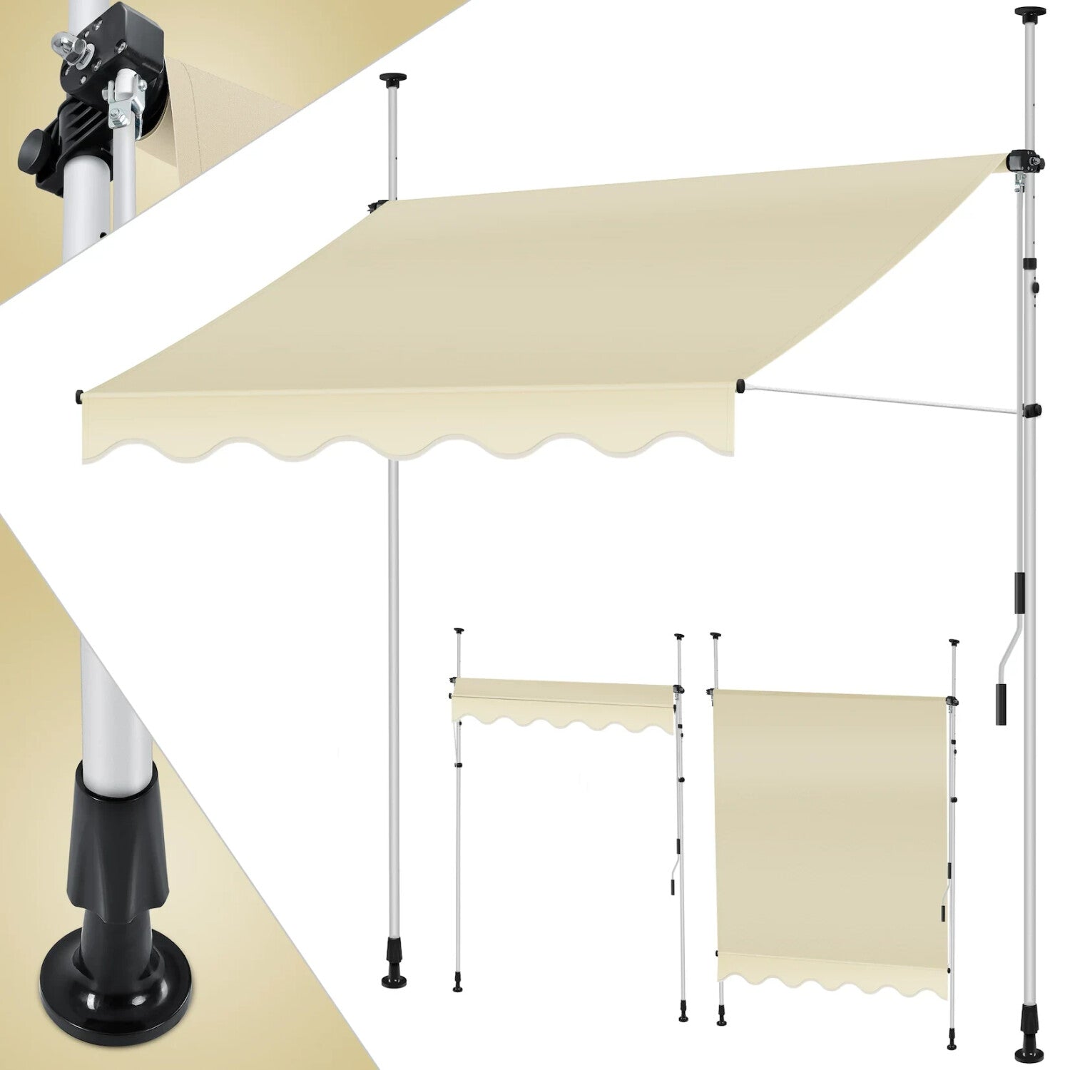 Inklapbare Klemluifel – Hoogwaardige Zonluifel – Montagehoogte 210-300 cm – UV-Bescherming – Water- en Vuilafstotend – Polyurethaan-Coating – Handmatige Slengel van 125 cm – Diagonaal / Verticaal Uitschuifbaar – Stalen Frame – 180 cm Uitschuiflengte
