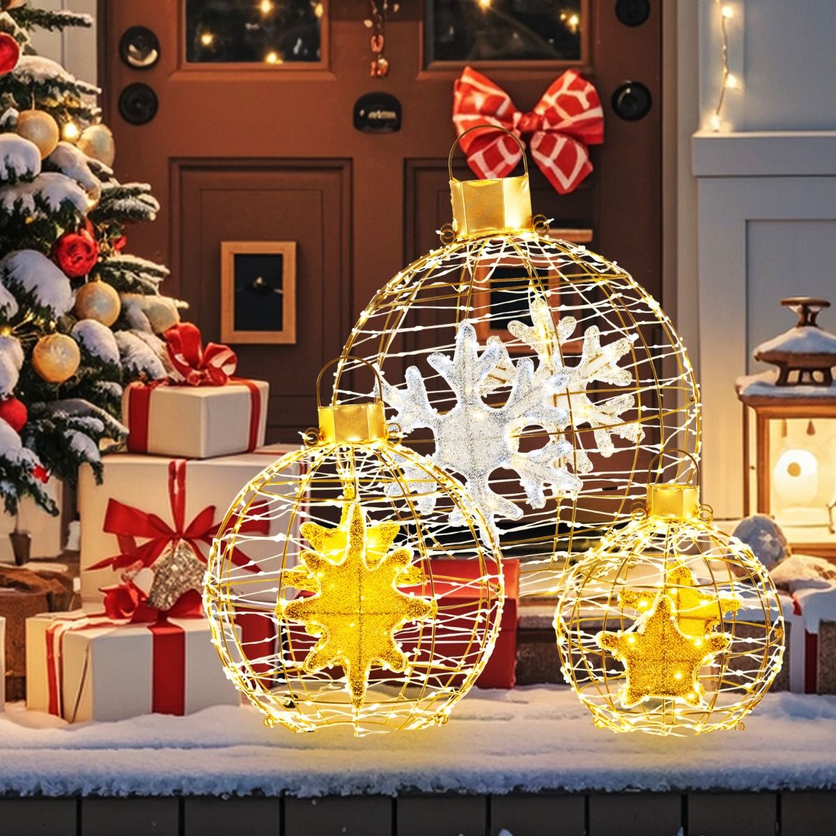 Set van 3 Voorverlichte Lantaarnballen - Hangende Kerstdecoratie met 732 Heldere LED-Lampjes - Goud - Waterdicht Ontwerp - Voor Binnen en Buiten - Inclusief Haken, Kabelbinders en Grondpennen