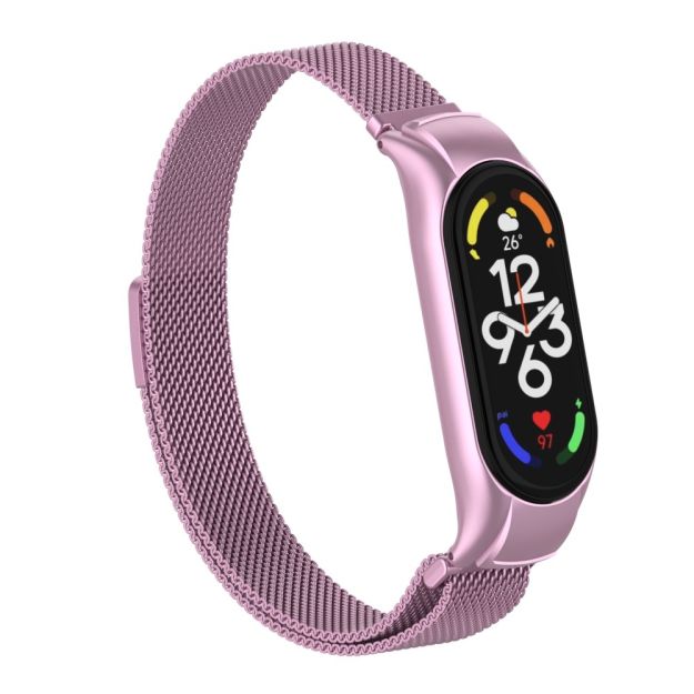 Mi Band 7 Roze Metalen Horlogeband - Stijlvolle Polsband - Verstelbare Roze Stalen Armband - Duurzame RVS Horlogeband - Vervangende Strap Voor Mi Band 7 - Hoogwaardige Metalen Polsband - Roze Milanees Bandje - Comfortabele Draagband