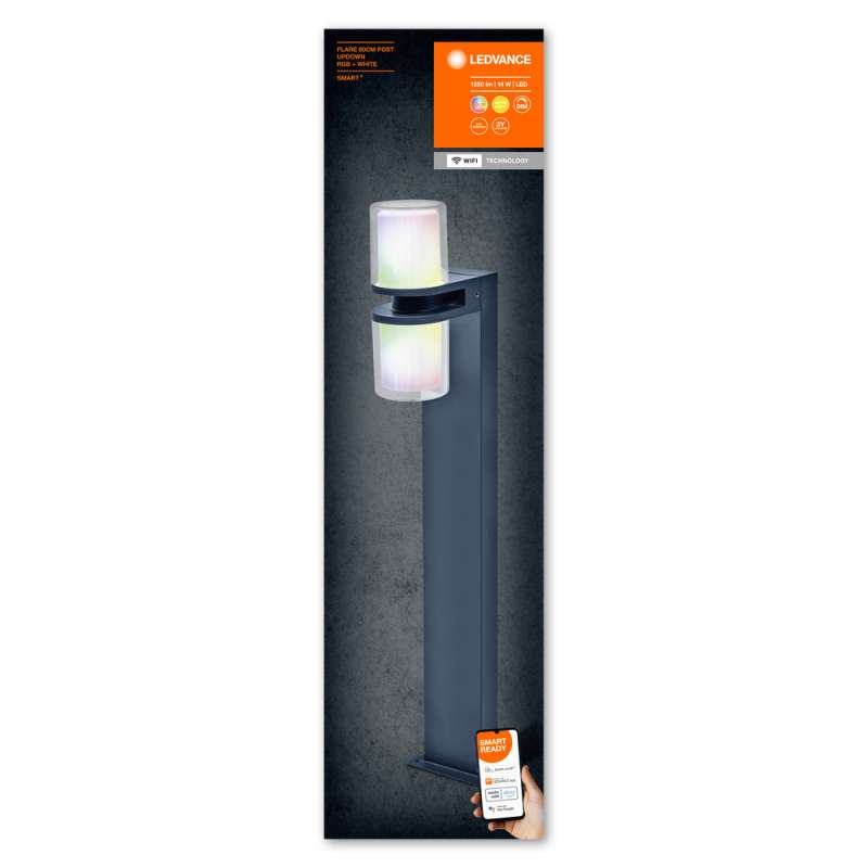 LEDVANCE Smart+ Updown buitenlamp RGB – slimme LED wandlamp 14W 1000 lumen – WiFi tuinverlichting met app en spraakbediening – 3000K warm wit en 16 miljoen kleuren – IP44 spatwaterdicht – 132 x 100 x 800 mm buitenlamp