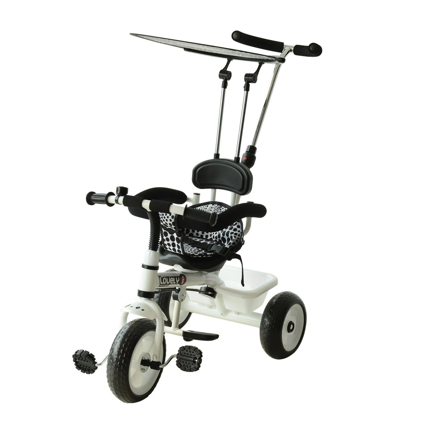 Kinder Driewieler – Met Duwstang – 3 Wielen – Met Bel en Zonnescherm – Verstelbare Ouderhandgreep – Met Opslagmand – Geschikt vanaf 18 Maanden – Stevig Metalen Frame – Max. 25 kg – Wit/Zwart