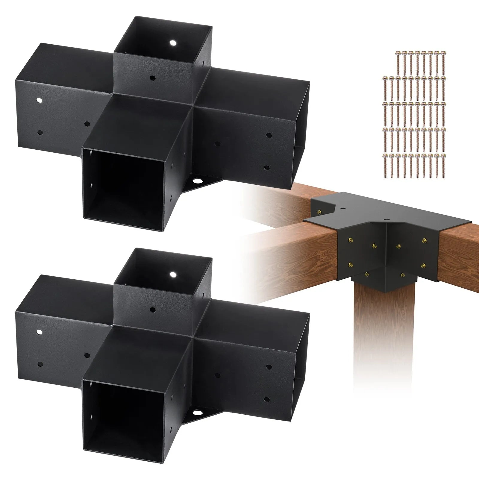 2 Stuks - Pergola Hoekbeugel Set 4x4 inch (Binnenmaat 9,2x9,2 cm) - 4-Way Heavy Duty Hoekverbinder voor Houten Balken - Stalen Pergola Bracket Kit met Schroeven - DIY Montage voor Tuin Pergola’s, Terras, Overkapping of Blokhut
