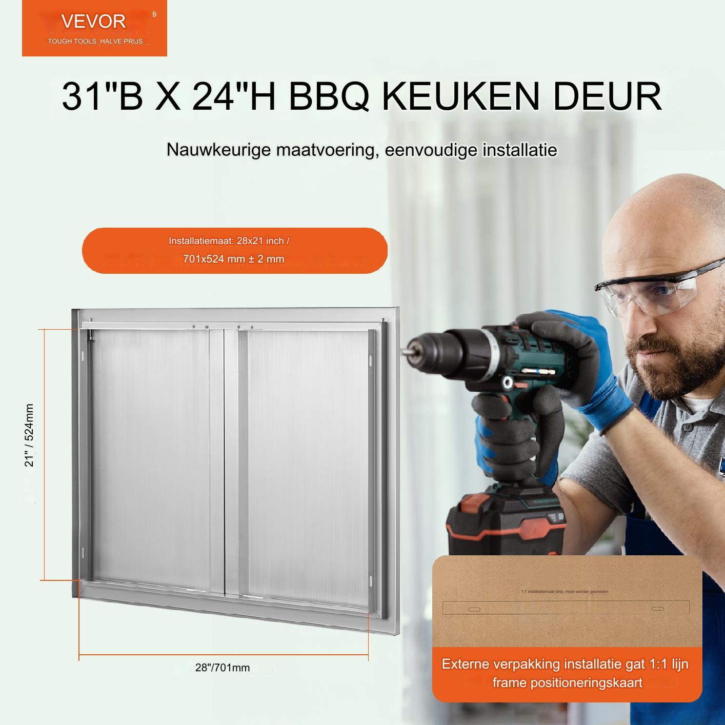 RVS Grill Toegangsdeur 787 x 609 x 45 mm - Dubbele RVS Buitendeur - Inbouwdeur Voor Buitenkeuken Grill Eiland - Verticale Wanddeur Met Uittrekbare Handgrepen - Omkeerbaar Ontwerp Voor Links- En Rechts Draaibaar