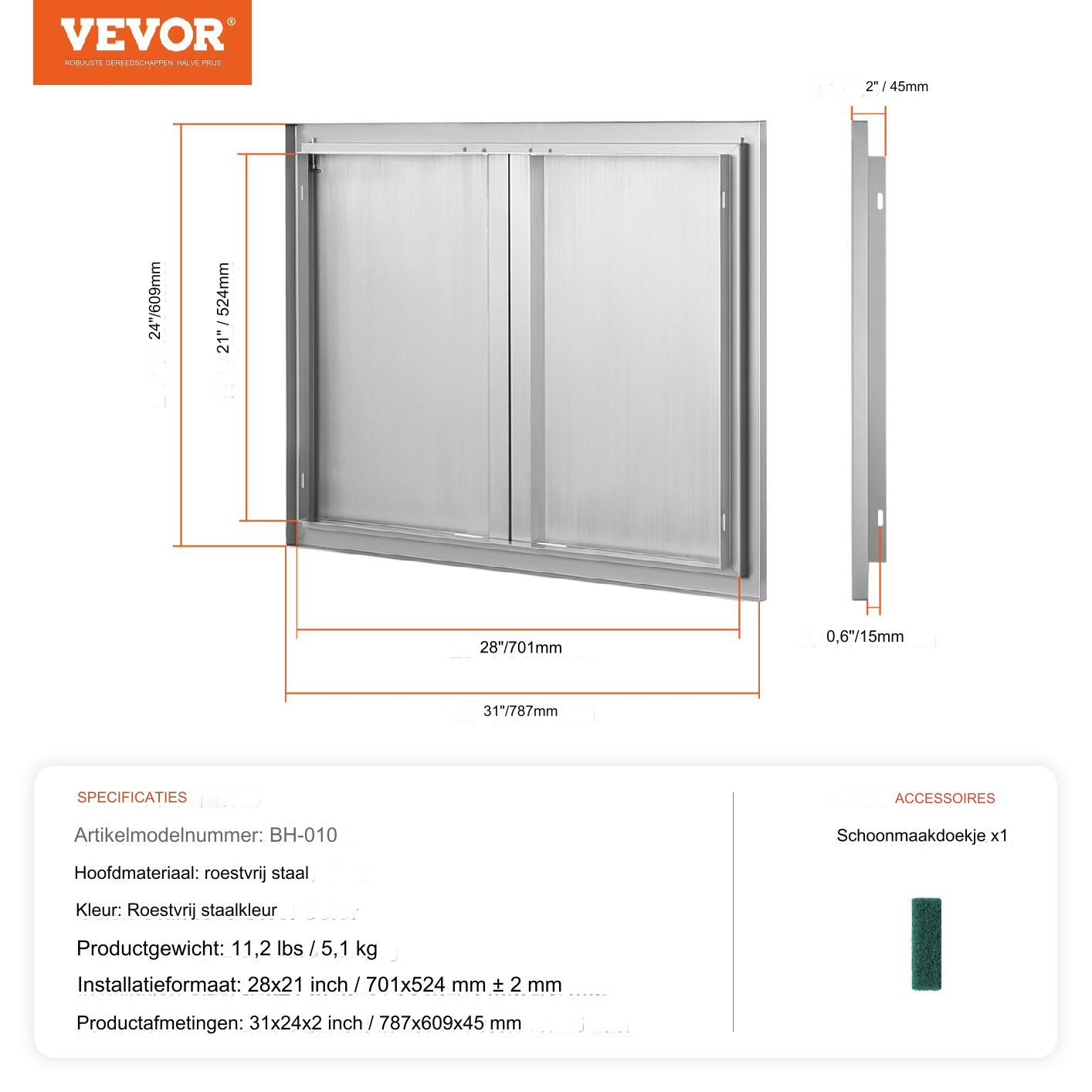 RVS Grill Toegangsdeur 787 x 609 x 45 mm - Dubbele RVS Buitendeur - Inbouwdeur Voor Buitenkeuken Grill Eiland - Verticale Wanddeur Met Uittrekbare Handgrepen - Omkeerbaar Ontwerp Voor Links- En Rechts Draaibaar