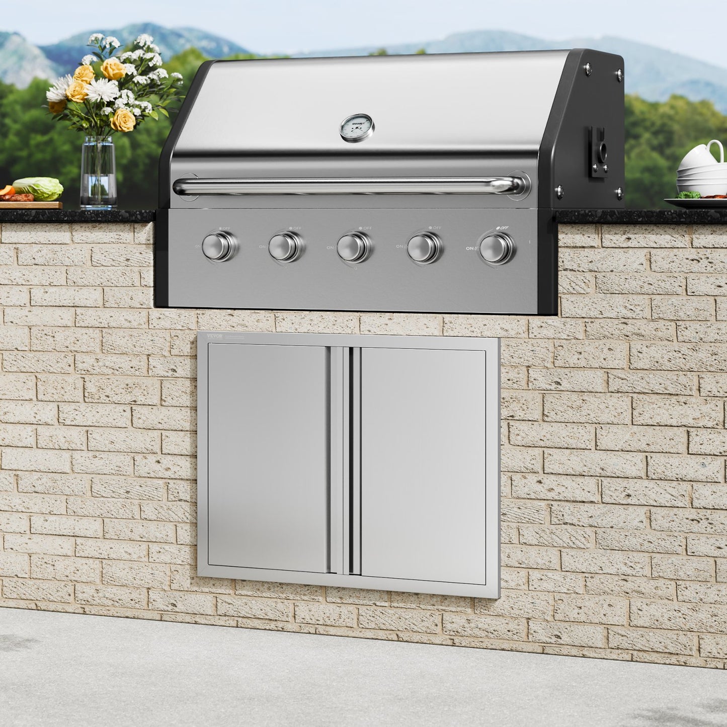 RVS Grill Toegangsdeur 787 x 609 x 45 mm - Dubbele RVS Buitendeur - Inbouwdeur Voor Buitenkeuken Grill Eiland - Verticale Wanddeur Met Uittrekbare Handgrepen - Omkeerbaar Ontwerp Voor Links- En Rechts Draaibaar
