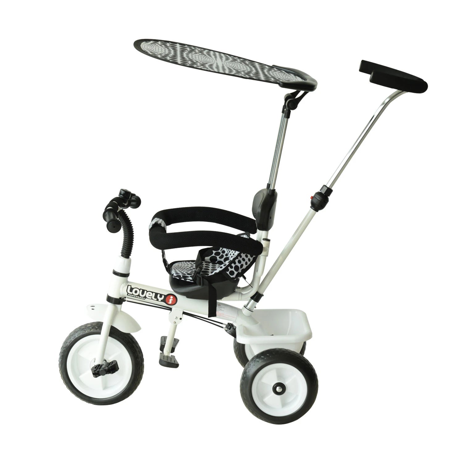 Kinder Driewieler – Met Duwstang – 3 Wielen – Met Bel en Zonnescherm – Verstelbare Ouderhandgreep – Met Opslagmand – Geschikt vanaf 18 Maanden – Stevig Metalen Frame – Max. 25 kg – Wit/Zwart