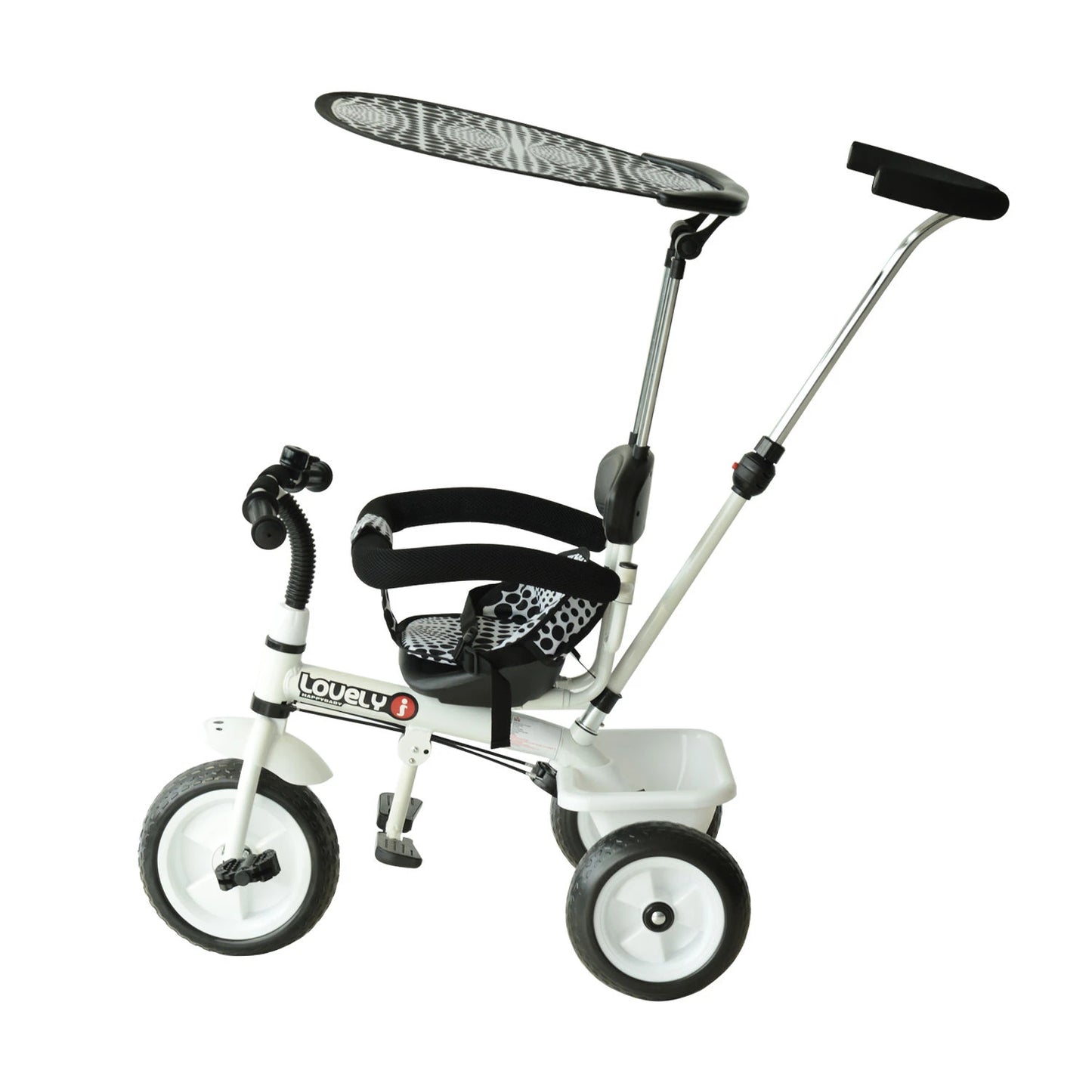 Kinder Driewieler – Met Duwstang – 3 Wielen – Met Bel en Zonnescherm – Verstelbare Ouderhandgreep – Met Opslagmand – Geschikt vanaf 18 Maanden – Stevig Metalen Frame – Max. 25 kg – Wit/Zwart