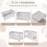 Babybed XL -  125 x 65 x 76 cm - Activiteitencentrum met Antislip Basis en Ritsdeur - Babybox - Grijs/Beige/Bruin - Ruime en Veilige Speelplek - Niet-Toxisch Materiaal - Lichtgewicht en Draagbaar