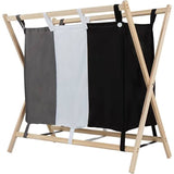 Wasmand met 3 Compartimenten - 120L Was Sorteren Organizer - Houten Frame Wasmand met Stoffen Vakken - Wasgoedmand met Scheiding voor Kleur, Wit en Donker - Wasbox 85 x 43 x 81 cm - Opvouwbare Wasverzamelaar