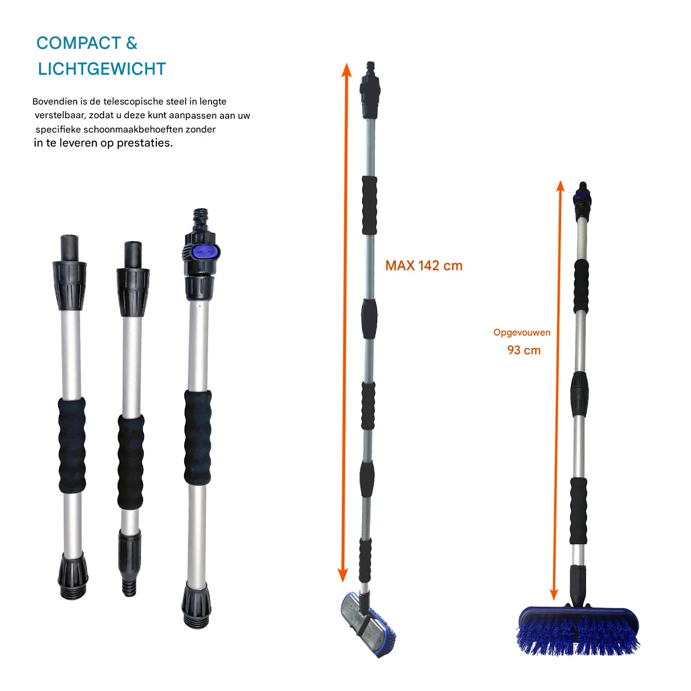 3-in-1 telescopische wasborstel set – uitschuifbare steel 163 cm – waterborstel met tuinslang aansluiting – zachte en harde borstel + chenille mop – schoonmaakset voor auto, ramen, terras en boot – waterbezem met aan/uit knop