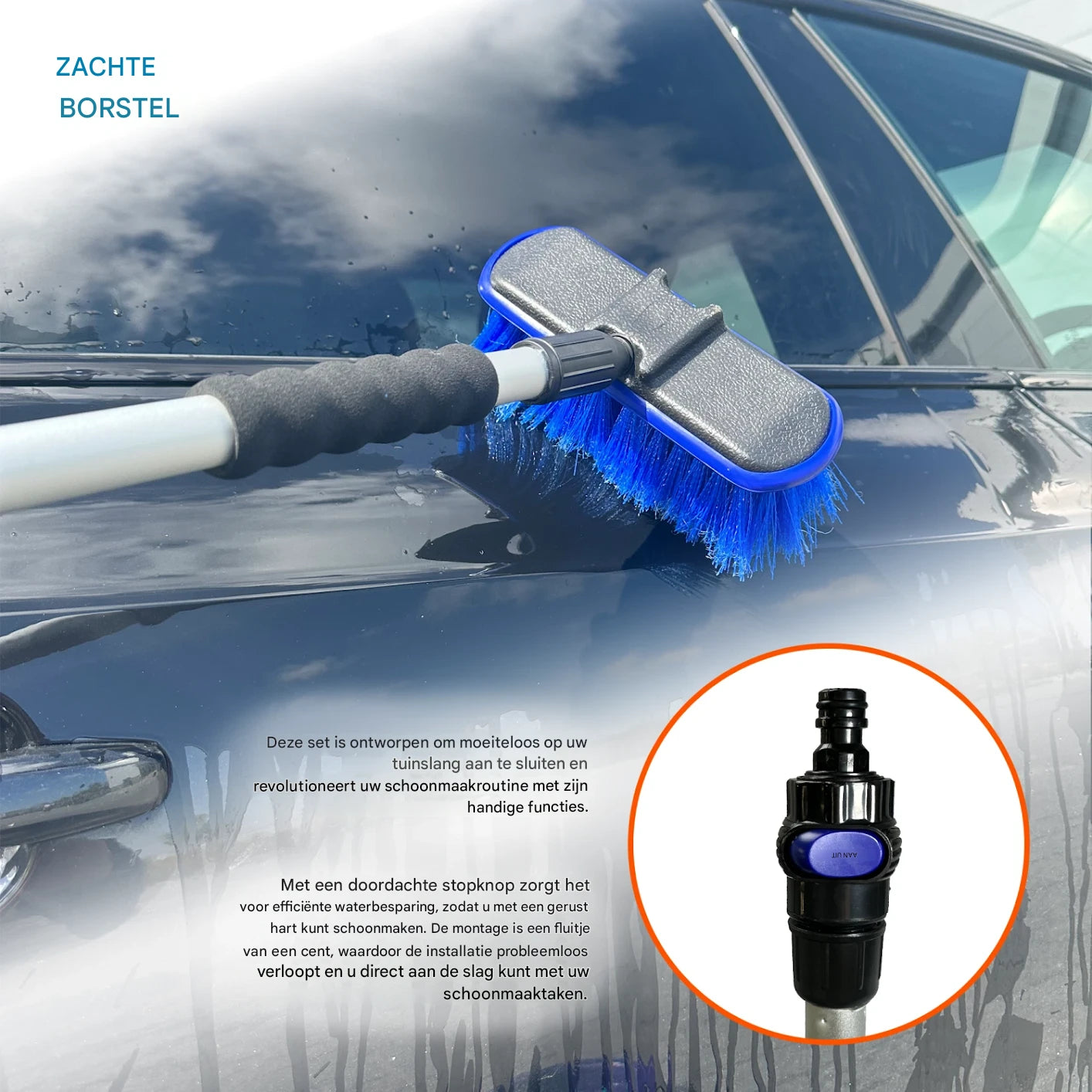 3-in-1 telescopische wasborstel set – uitschuifbare steel 163 cm – waterborstel met tuinslang aansluiting – zachte en harde borstel + chenille mop – schoonmaakset voor auto, ramen, terras en boot – waterbezem met aan/uit knop