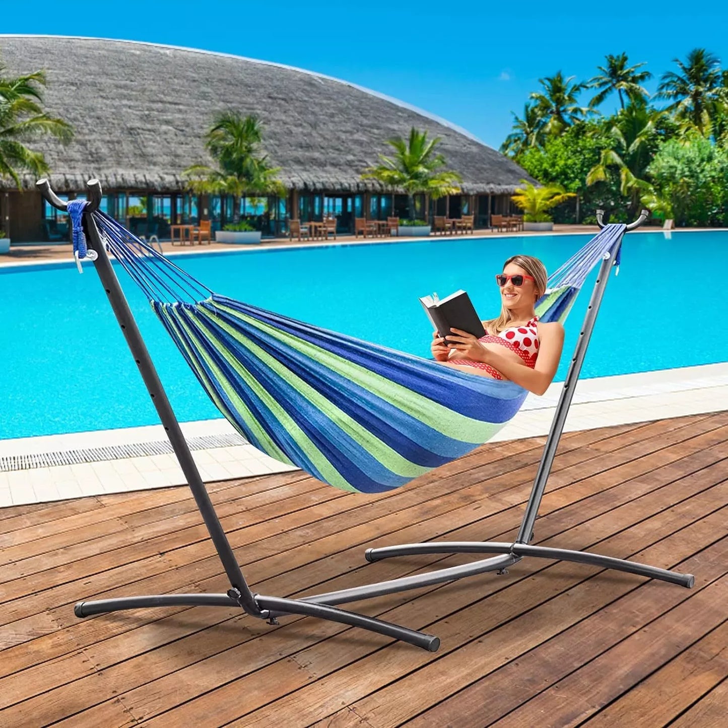 Dubbele Hangmat met Stalen Frame – Draagbaar, Ruimtebesparend & Heavy Duty – Voor Tuin, Balkon, Terras of Binnengebruik – Inclusief Hangmat