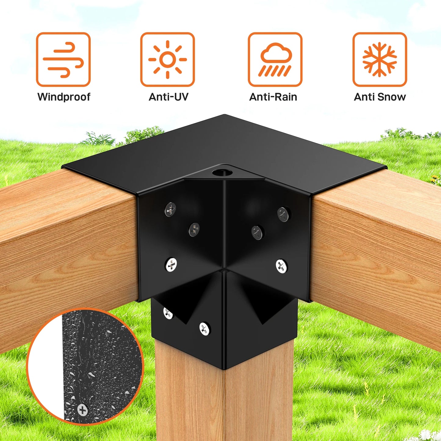 Pergola Beugels 3-Weg Set voor 4x4 Balken (Werkelijke maat: 3,5" x 3,5") – Met Bevestigingsmateriaal – Zware Poedergecoate Stalen Hoekverbindingen voor Pergola’s, Terrassen en Tuinoverkappingen