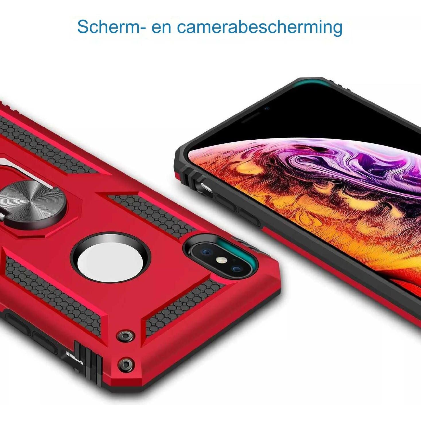 Heavy Duty Beschermhoesje + Screen Protector - Geschikt voor iPhone X / Mobiel Hoesje iPhone XS - met Gehard Glas Schermbeschermer, 360 Graden Ringhouder, Militaire Pantser Mobiele Telefoonhoesjes, Schokbestendige Cover, Beschermend Hoesje