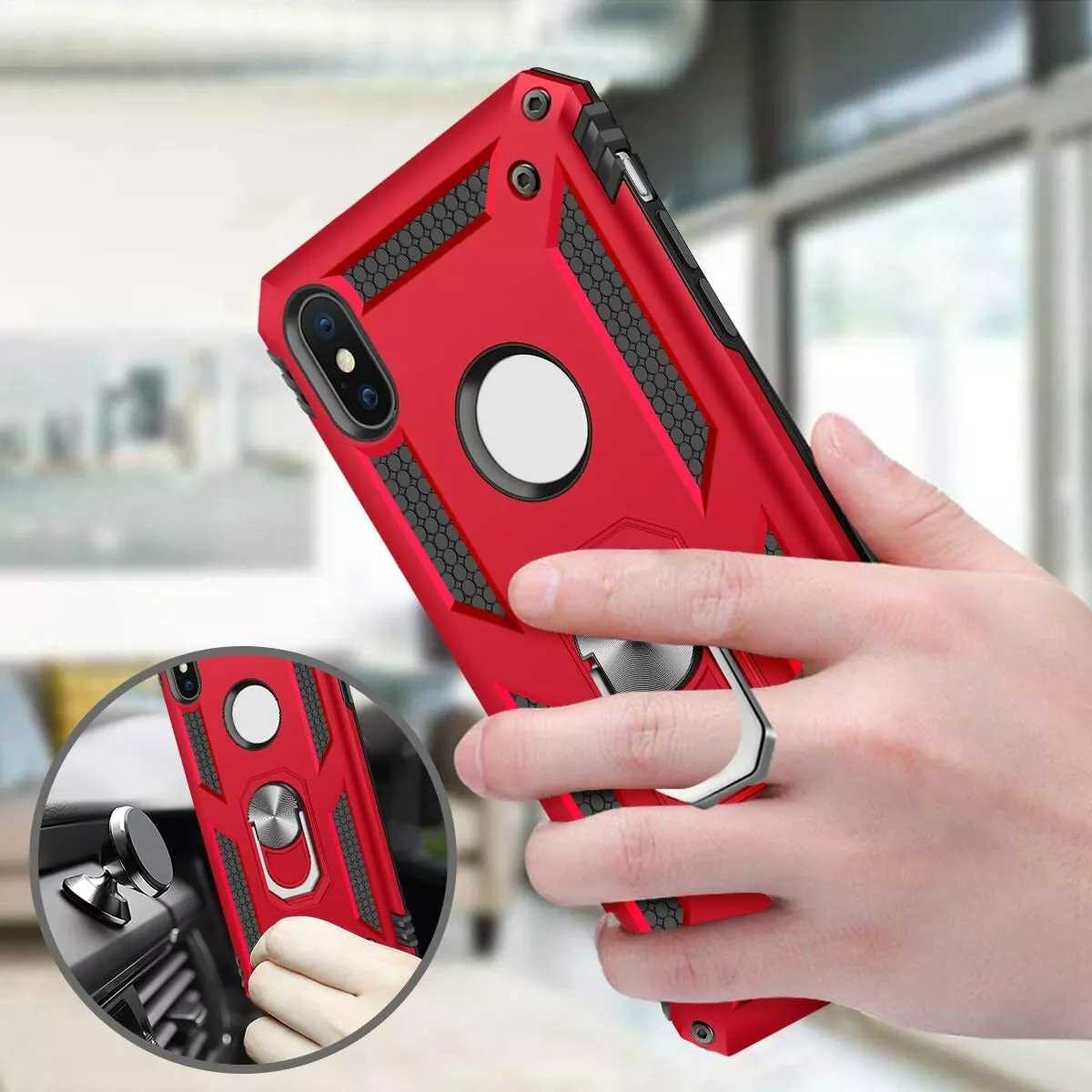 Heavy Duty Beschermhoesje + Screen Protector - Geschikt voor iPhone X / Mobiel Hoesje iPhone XS - met Gehard Glas Schermbeschermer, 360 Graden Ringhouder, Militaire Pantser Mobiele Telefoonhoesjes, Schokbestendige Cover, Beschermend Hoesje