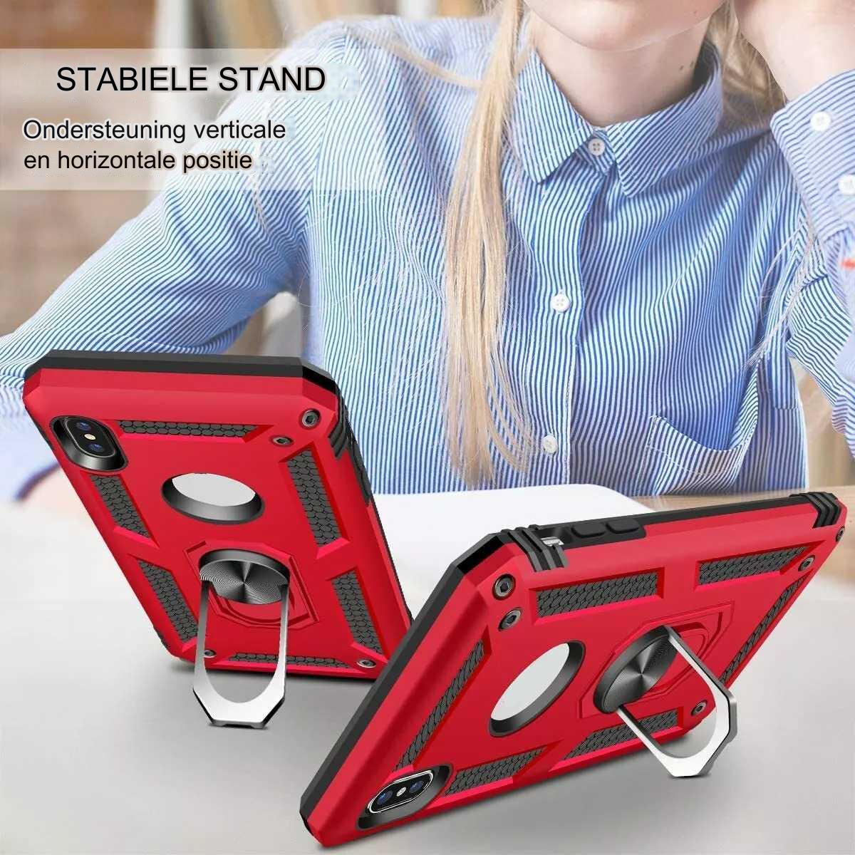 Heavy Duty Beschermhoesje + Screen Protector - Geschikt voor iPhone X / Mobiel Hoesje iPhone XS - met Gehard Glas Schermbeschermer, 360 Graden Ringhouder, Militaire Pantser Mobiele Telefoonhoesjes, Schokbestendige Cover, Beschermend Hoesje