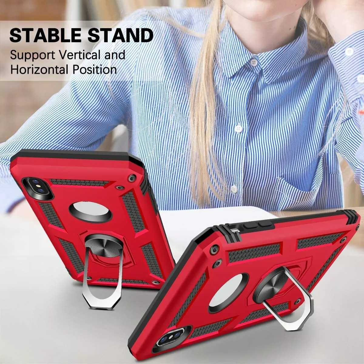 Heavy Duty Beschermhoesje + Screen Protector - Geschikt voor iPhone X / Mobiel Hoesje iPhone XS - met Gehard Glas Schermbeschermer, 360 Graden Ringhouder, Militaire Pantser Mobiele Telefoonhoesjes, Schokbestendige Cover, Beschermend Hoesje