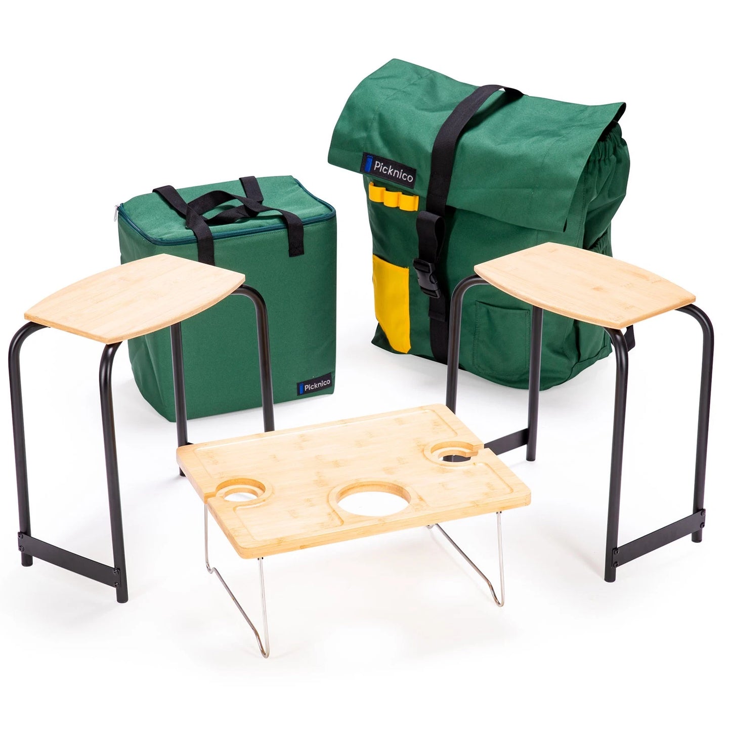 PICNICO picknick tafel set met rugzak – camping tafel en 2 krukken met koeltas – opvouwbare aluminium bamboe picknickset – backpack picnic table set voor strand park camping en outdoor – draagbare tafelset België design