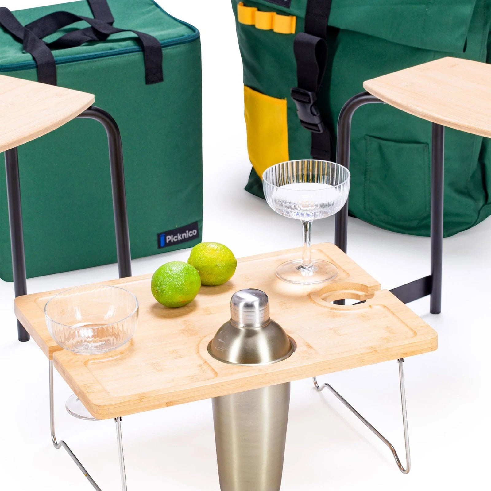 PICNICO picknick tafel set met rugzak – camping tafel en 2 krukken met koeltas – opvouwbare aluminium bamboe picknickset – backpack picnic table set voor strand park camping en outdoor – draagbare tafelset België design