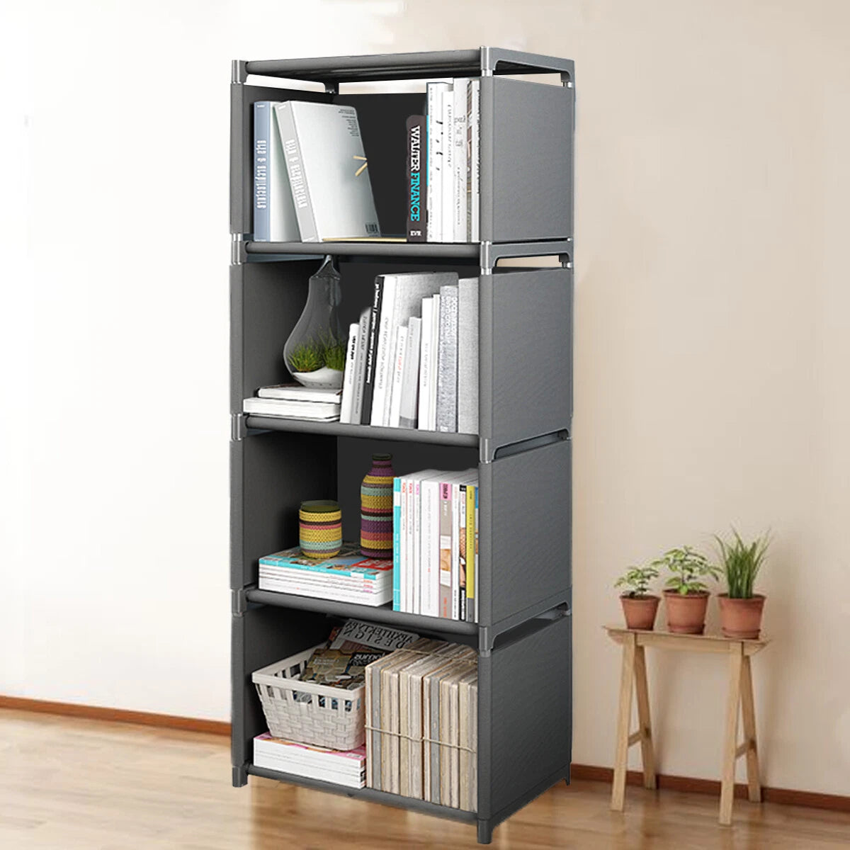 5-Lagen Boekenkast met 4 Opbergvakken – Moderne Boekenplank en Displaykast – Opvouwbare Organizer van Non-Woven Stof & PP – Ruimtebesparend Opslagrek voor Boeken, Documenten en Decoratie – 125×41×28 cm – Lichtgewicht & Duurzaam