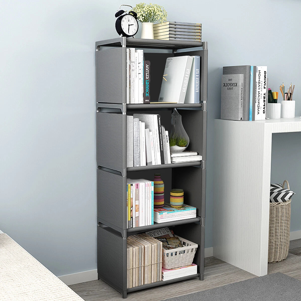 5-Lagen Boekenkast met 4 Opbergvakken – Moderne Boekenplank en Displaykast – Opvouwbare Organizer van Non-Woven Stof & PP – Ruimtebesparend Opslagrek voor Boeken, Documenten en Decoratie – 125×41×28 cm – Lichtgewicht & Duurzaam