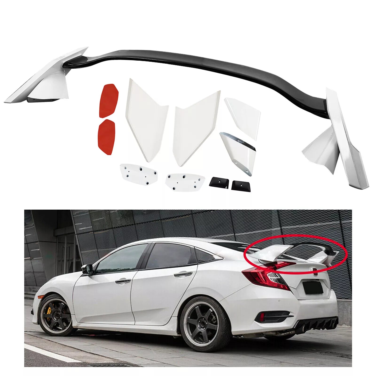 Achterspoiler Type R Stijl Voor Honda Civic Sedan 2016–2021 – Sportieve Kofferspoiler Voor 4-Deurs Modellen – Wit & Zwart ABS Dakvleugel – Spoiler Voor Betere Aerodynamica & Styling – Eenvoudige Montage Voor EX LX Sport Touring Si Modellen