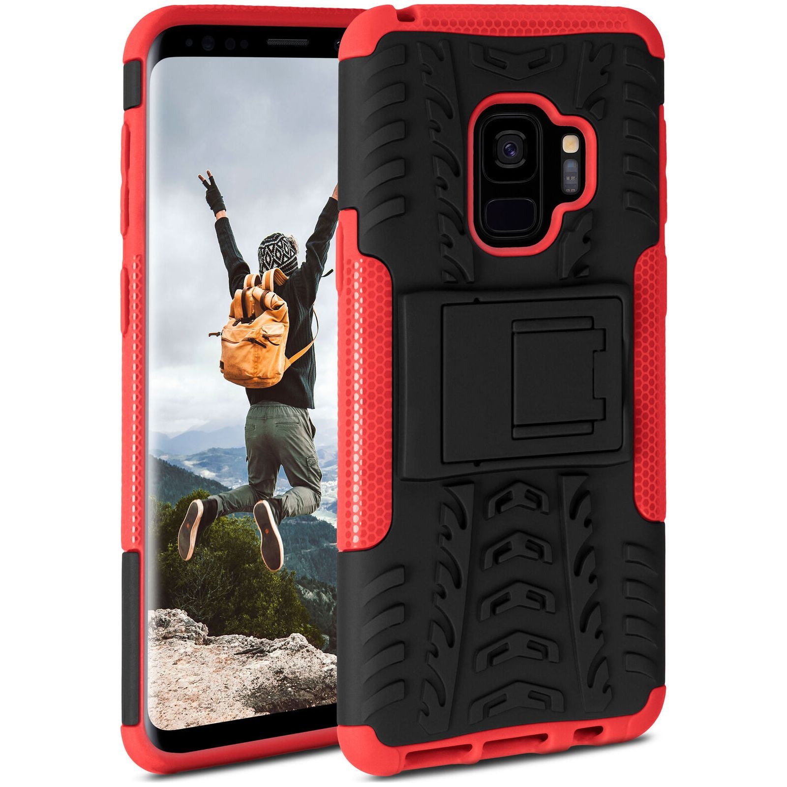 Duurzaam Ring Hoesje met Vingerlus en Scherm beschermer voor Samsung Galaxy S9 - Zwart en Rood