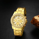 1-Stuks Gouden Roestvrijstalen Ronde Quartz Horloge voor Mannen en Vrouwen - Luxe Koppel Horloge met Bling Goudkleurige Tint