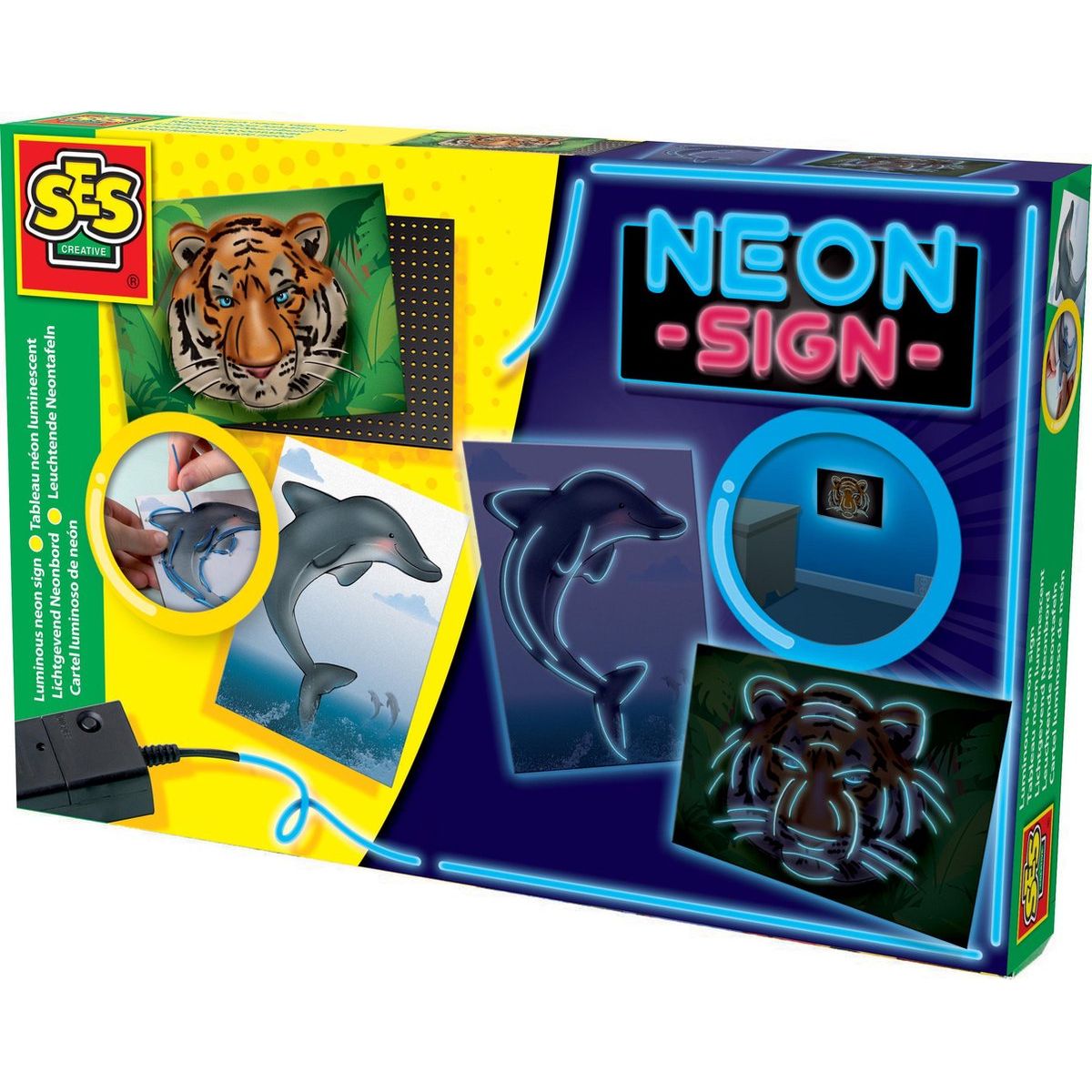 SES Creatieve Neon Lichtset – Tijger & Dolfijn – DIY Neonbord voor Kinderen – Veilige LED Neonlook – Batterij Aangedreven – Decoratieve Wandverlichting voor Kinderkamer of Speelruimte